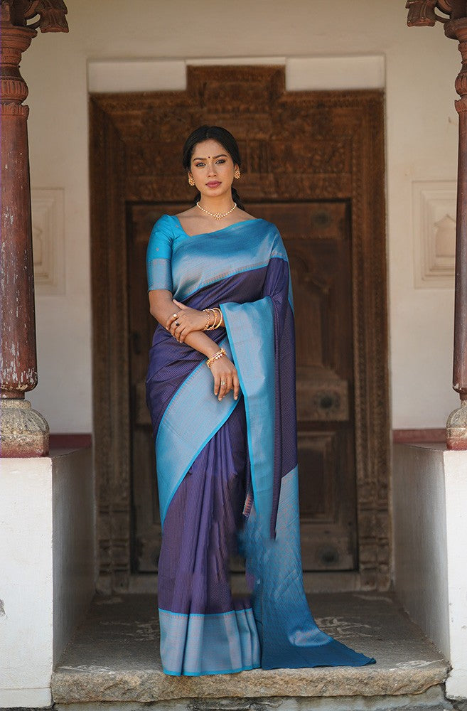 Admirable Navy Blue Soft Silk Saree With Extraordinary Blouse Piece