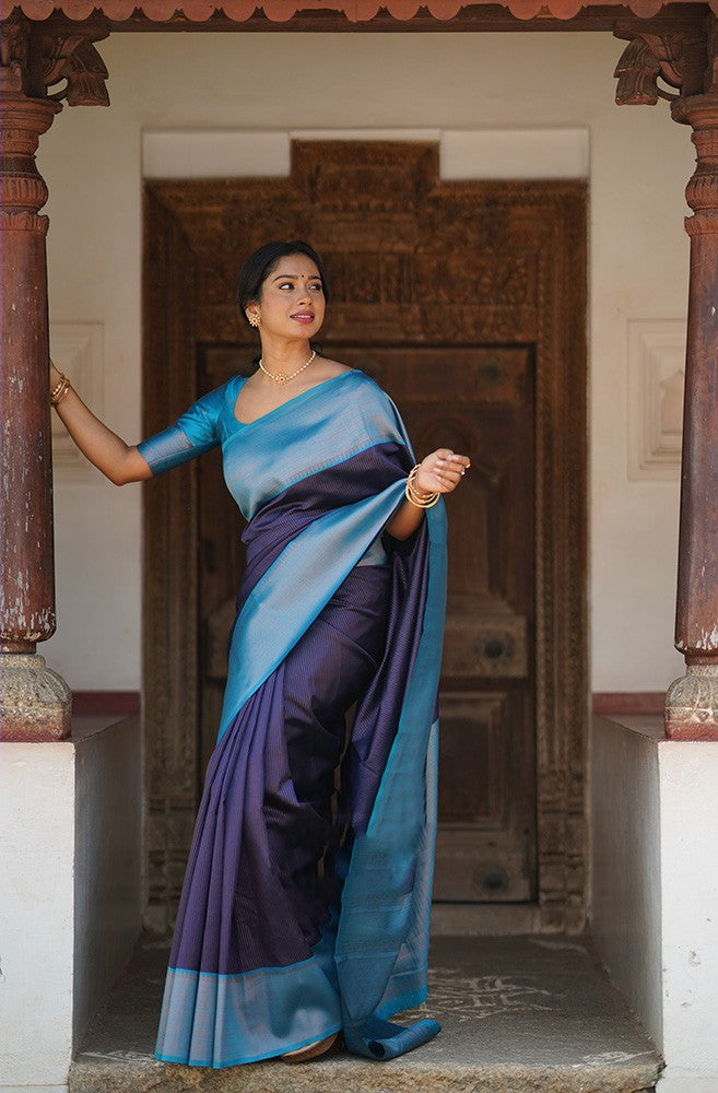 Admirable Navy Blue Soft Silk Saree With Extraordinary Blouse Piece