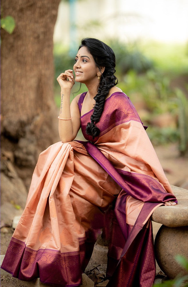 Adorning Peach Soft Silk Saree With Impressive Blouse Piece