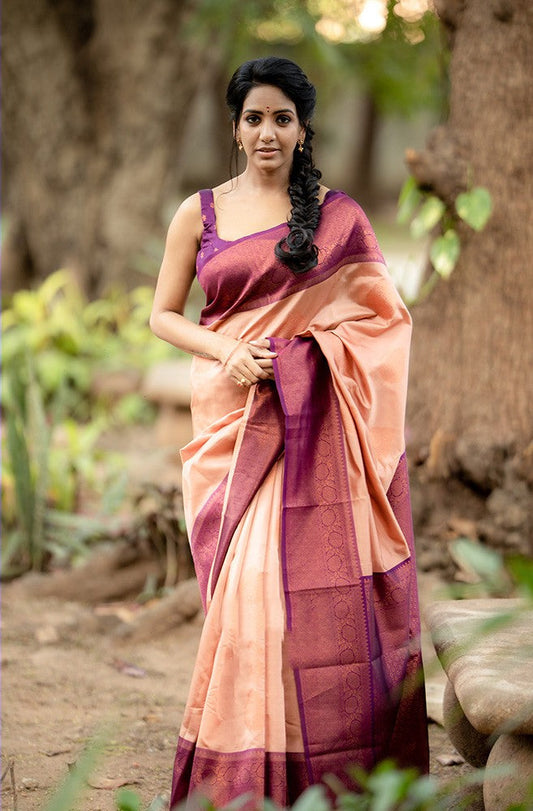 Adorning Peach Soft Silk Saree With Impressive Blouse Piece