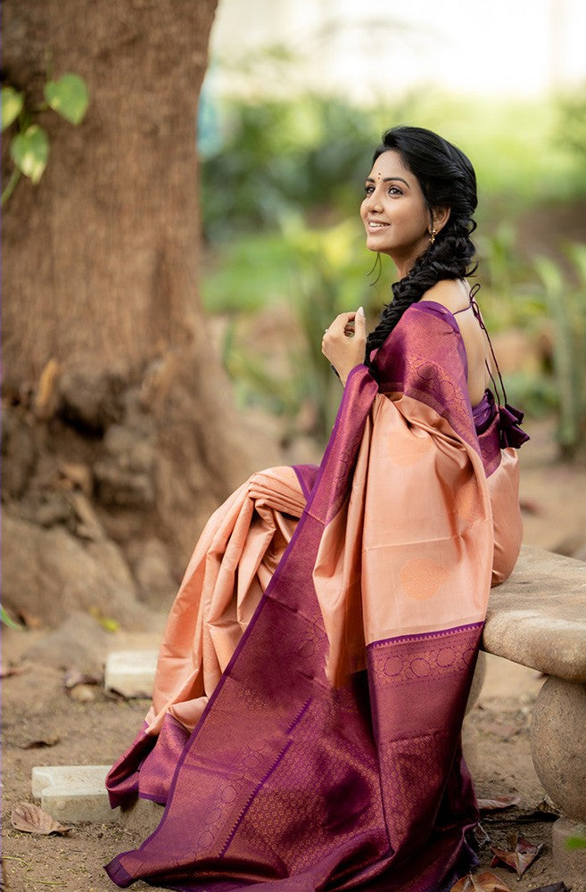 Adorning Peach Soft Silk Saree With Impressive Blouse Piece