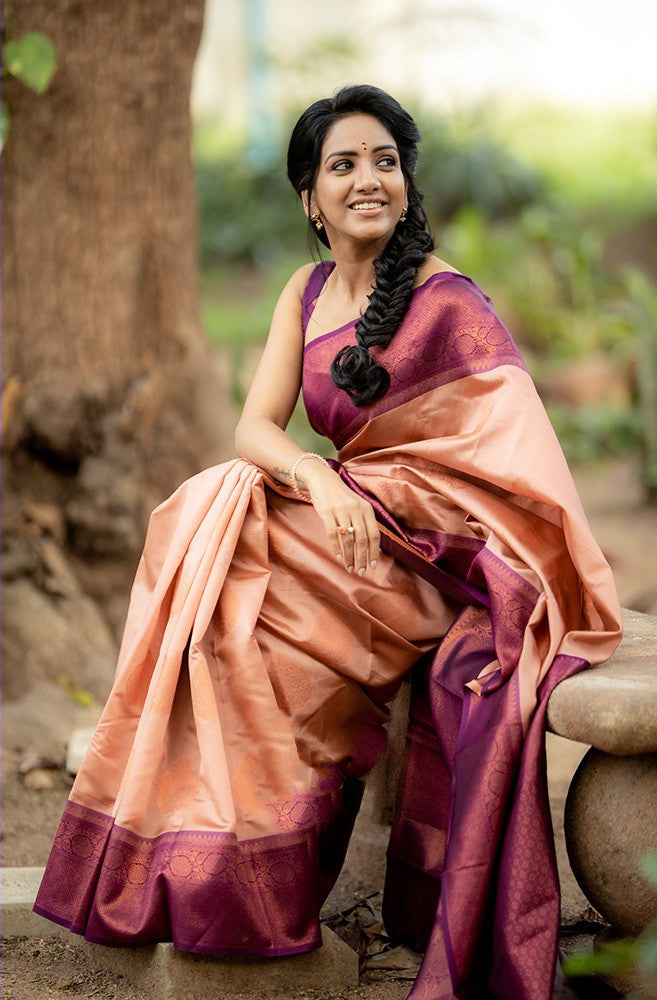 Adorning Peach Soft Silk Saree With Impressive Blouse Piece