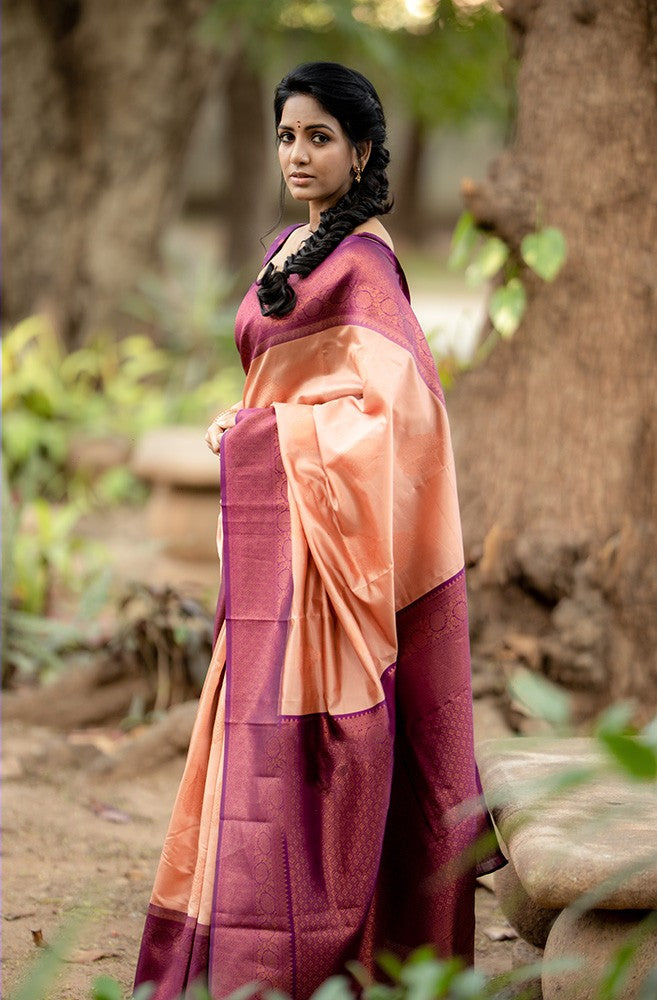 Adorning Peach Soft Silk Saree With Impressive Blouse Piece