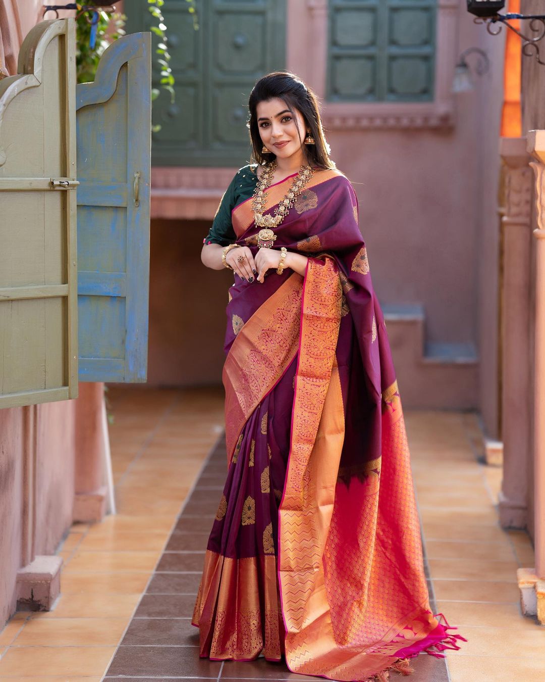 Dazzling Wine Soft Banarasi Silk Saree With Adorable Blouse Piece