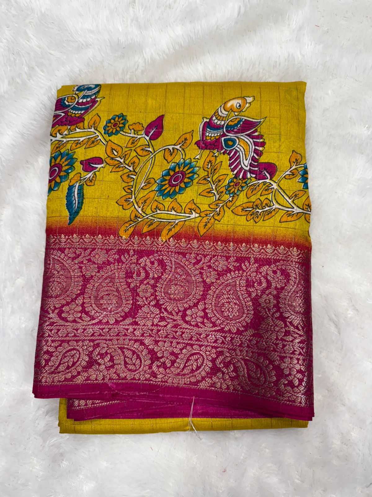 Fancifull Yellow Digital Printed Dola Silk Saree With Fairytale Blouse Piece