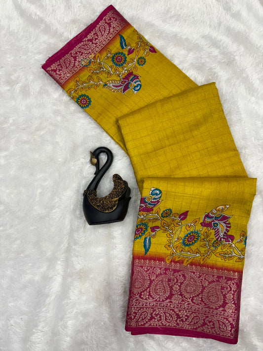 Fancifull Yellow Digital Printed Dola Silk Saree With Fairytale Blouse Piece