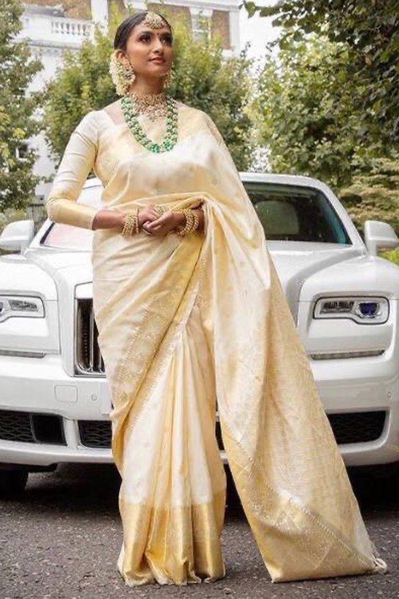 Admirable Off White Soft Silk Saree With Efflorescence Blouse Piece