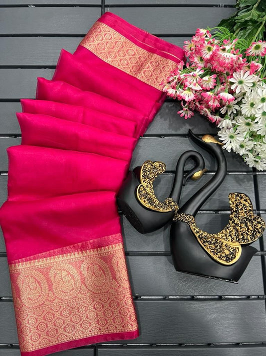 Alluring Dark Pink Organza Silk Saree With Amazing Blouse Piece