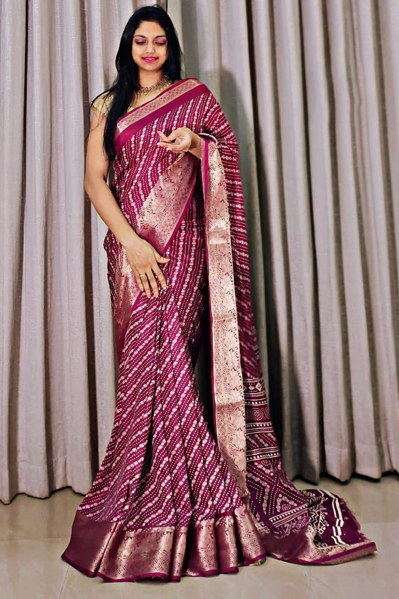 Exuberant Wine Digital Printed Dola Silk Saree With Scrumptious Blouse Piece