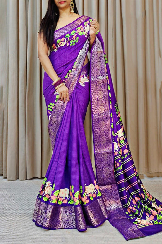 Admirable Royal Blue Digital Printed Dola Silk Saree With Splendorous Blouse Piece