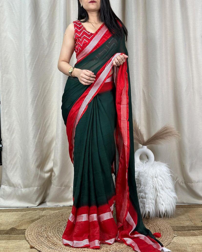 Extraordinary Dark Green Digital Printed Chiffon Saree With Fugacious Blouse Piece