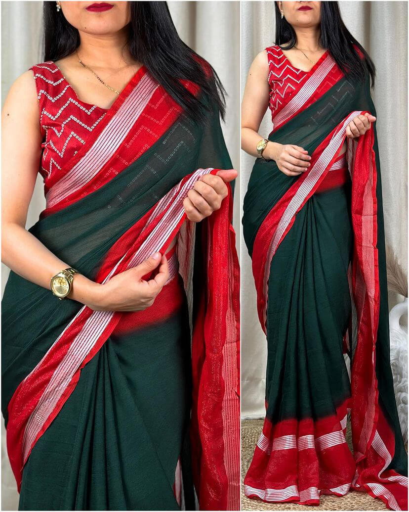 Extraordinary Dark Green Digital Printed Chiffon Saree With Fugacious Blouse Piece