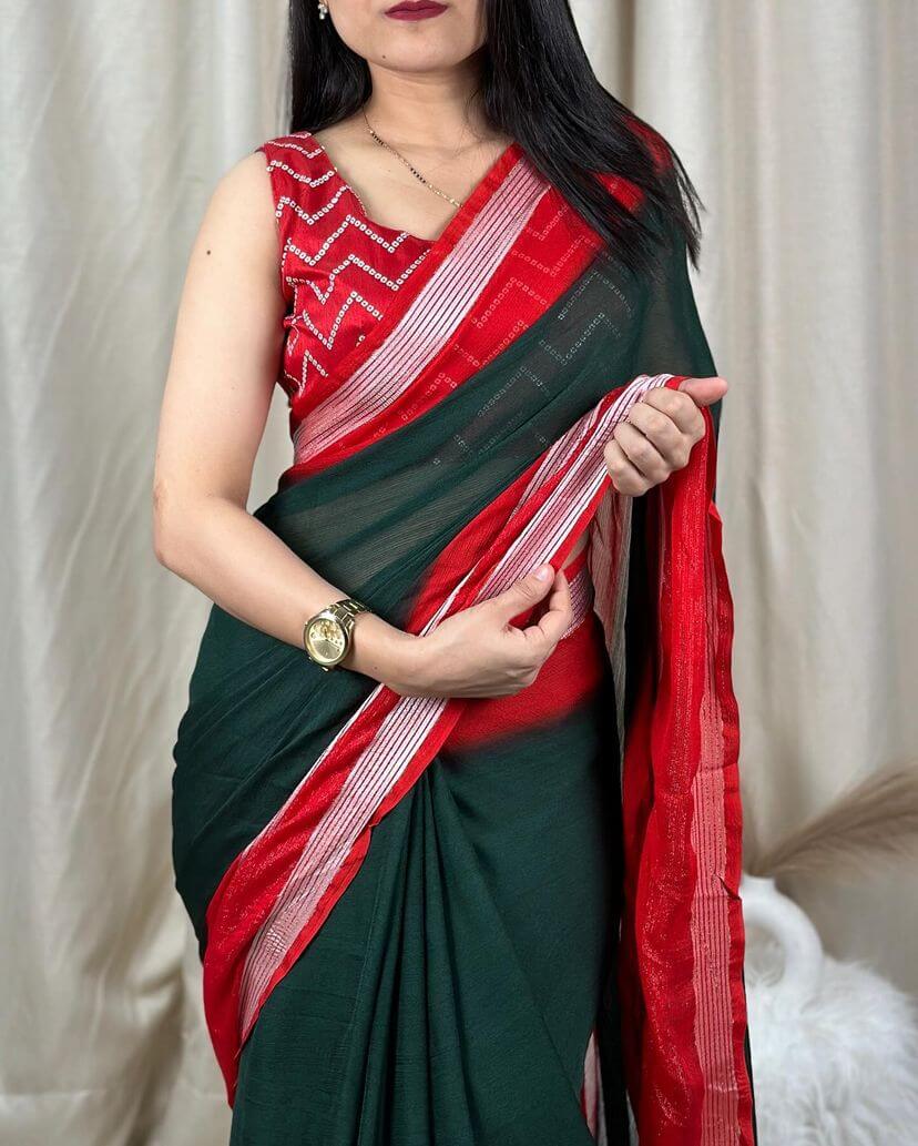 Extraordinary Dark Green Digital Printed Chiffon Saree With Fugacious Blouse Piece