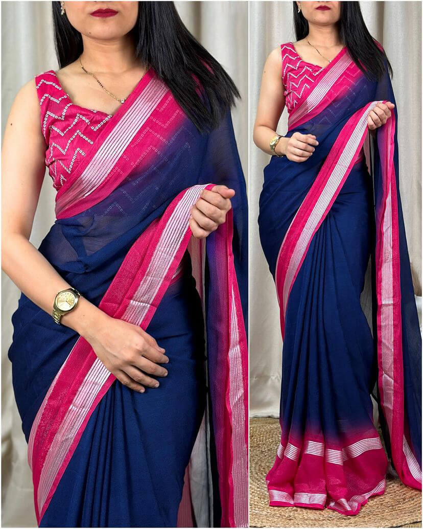 Exquisite Navy Blue Digital Printed Chiffon Saree With Radiant Blouse Piece