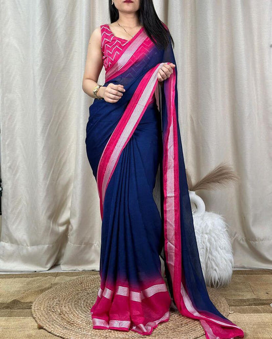 Exquisite Navy Blue Digital Printed Chiffon Saree With Radiant Blouse Piece