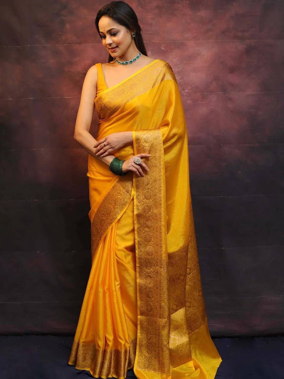 Ailurophile Yellow Soft Silk Saree With Demesne Blouse Piece