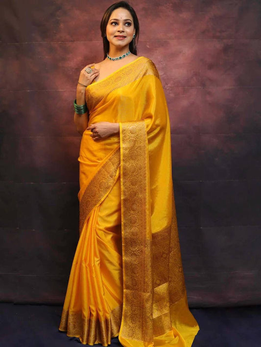 Ailurophile Yellow Soft Silk Saree With Demesne Blouse Piece