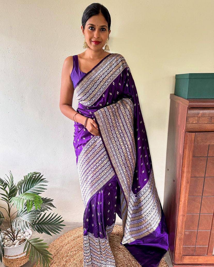 Exquisite Purple Soft Silk Saree With Eclat Blouse Piece