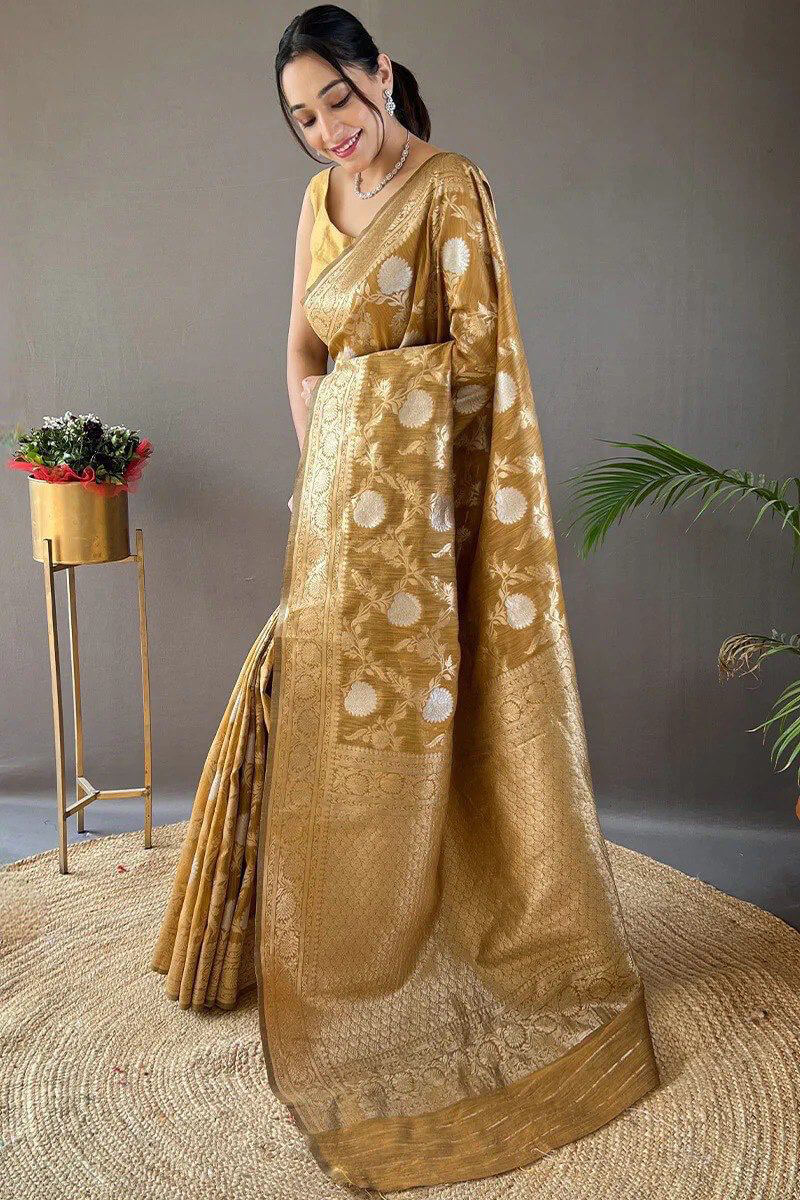 Exquisite Mustard Cotton Silk Saree With Jubilant Blouse Piece