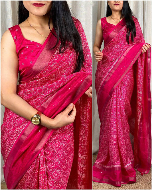 Ailurophile Dark Pink Digital Printed Dola Silk Saree With Exquisite Blouse Piece