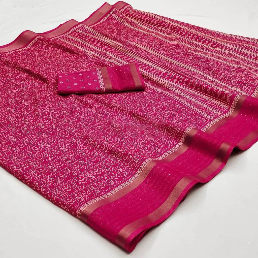 Ailurophile Dark Pink Digital Printed Dola Silk Saree With Exquisite Blouse Piece