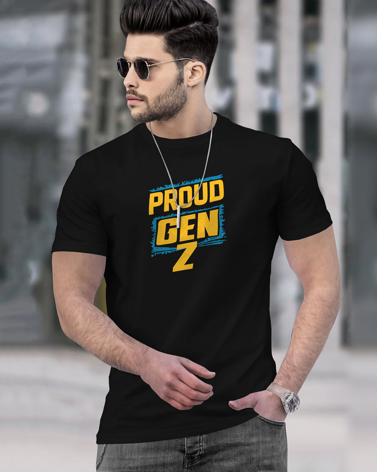 (Pack Of 1)  Men Half Sleeve Round Neck Genz Printed T-shirt / Black