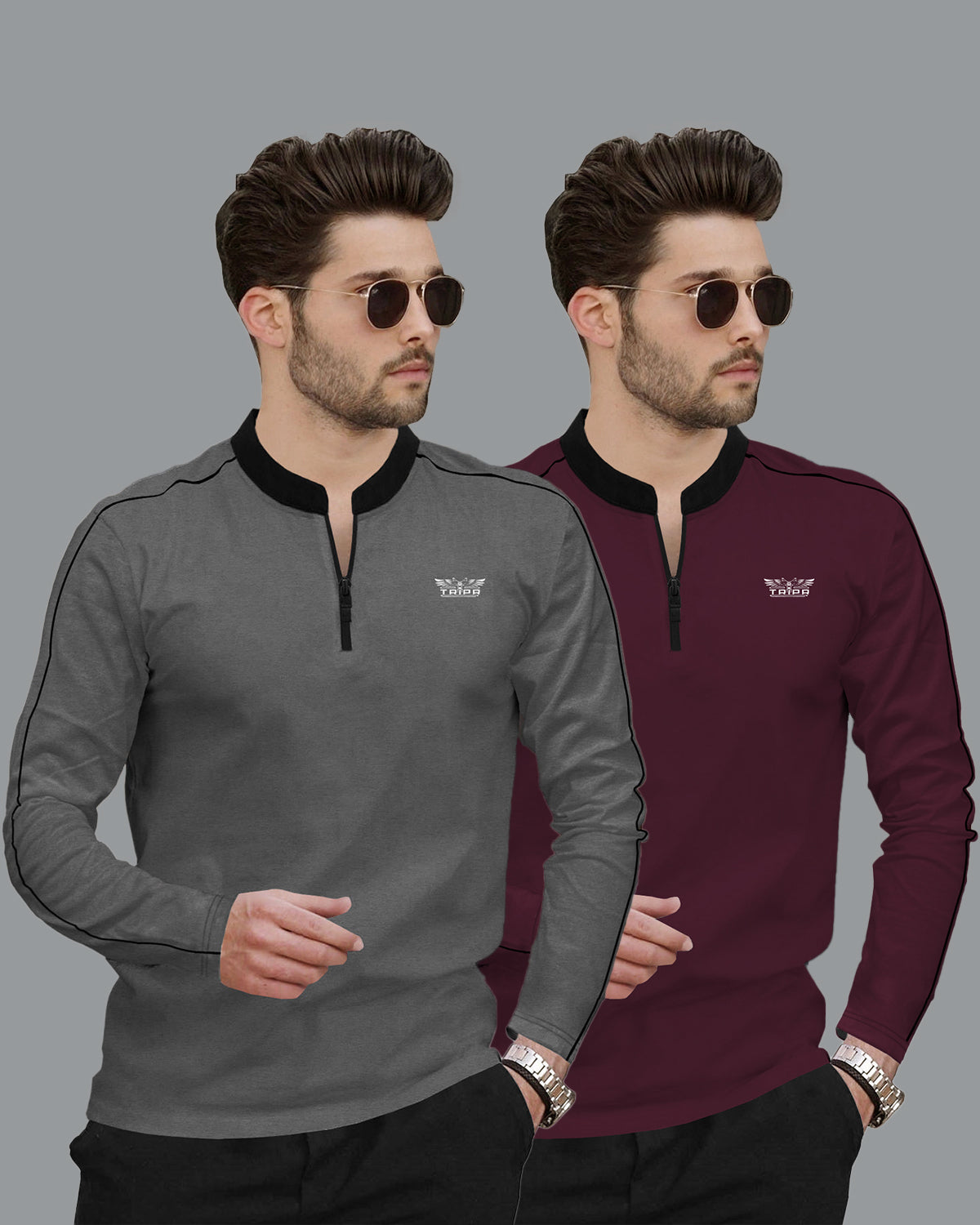 (Pack Of 2) Full Sleeve Mens High & Henley Neck T-shirts / 6 Variants Combo