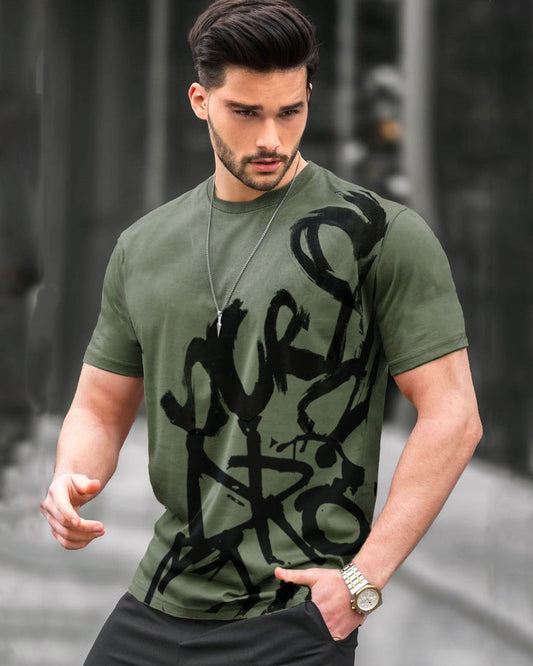 Olive Green Black Printed T-Shirt