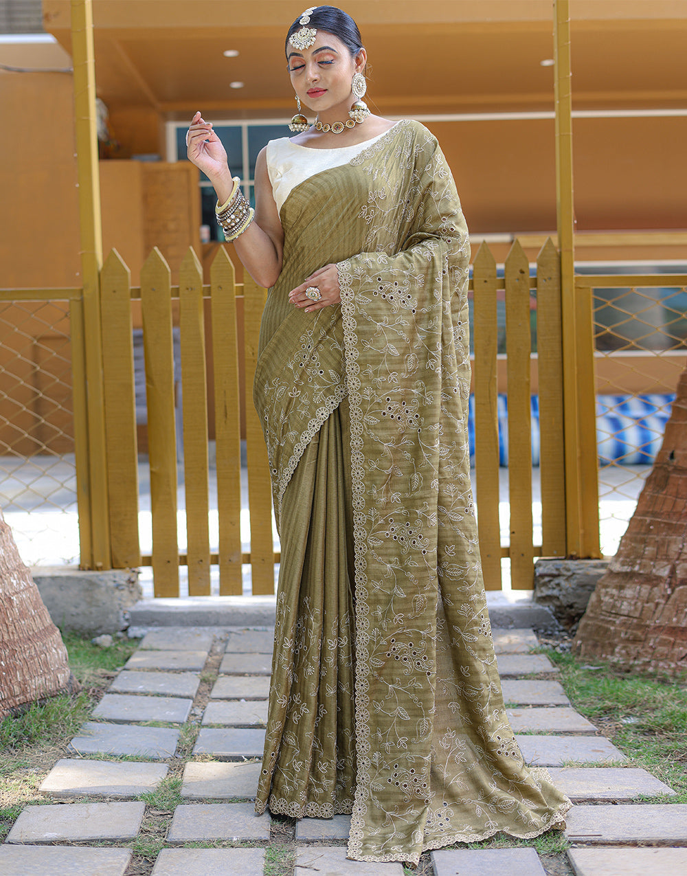 Asparagus Green Soft Silk Saree With Handwork & Cutwork Border