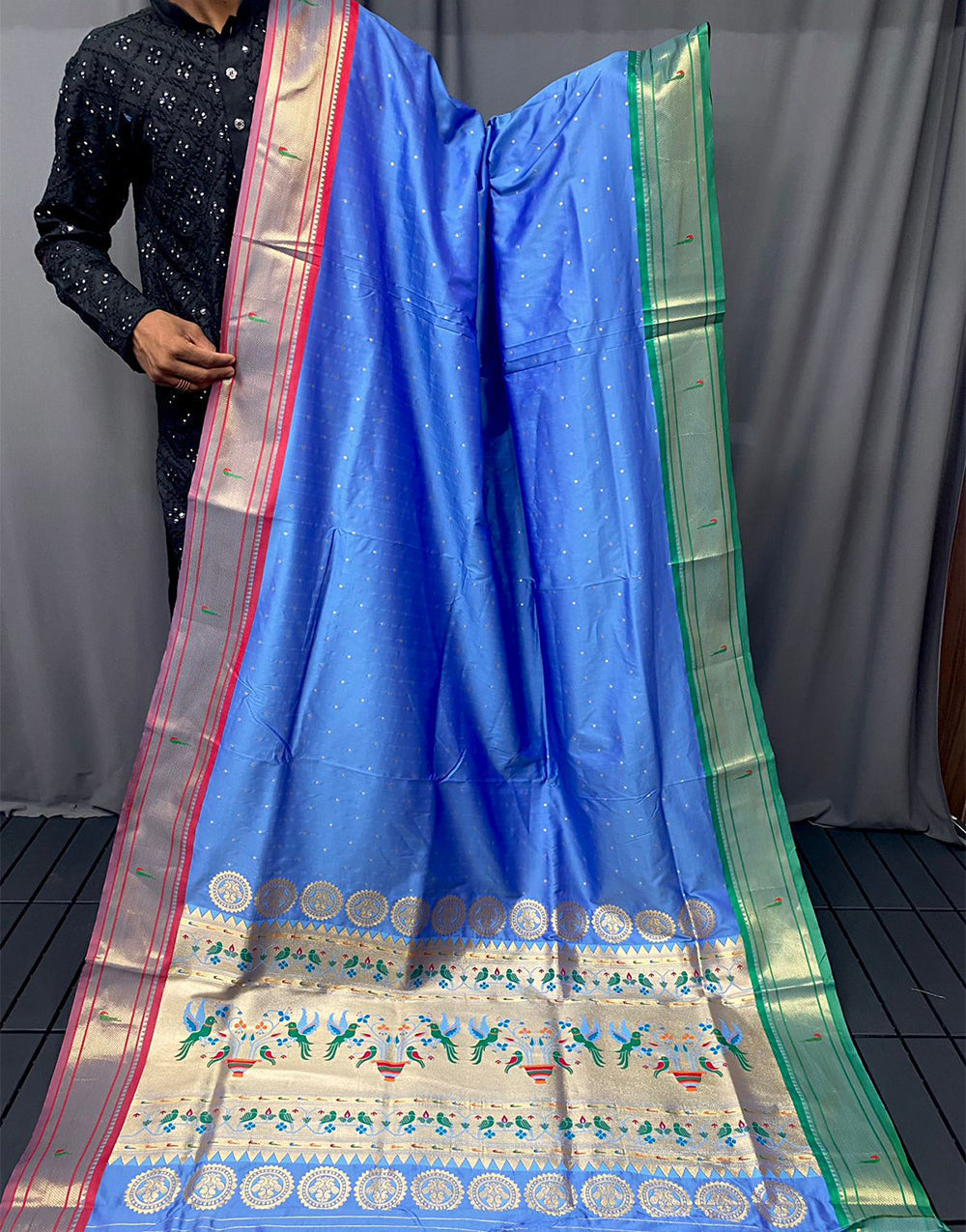 Azure Blue Paithani Silk Saree With Weaving Work