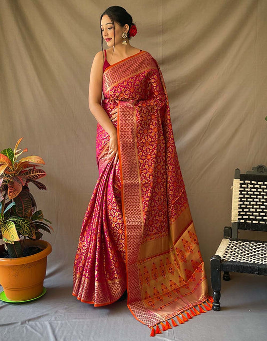 Fancy Pink Colour Patola Silk Zari Weaving  Saree