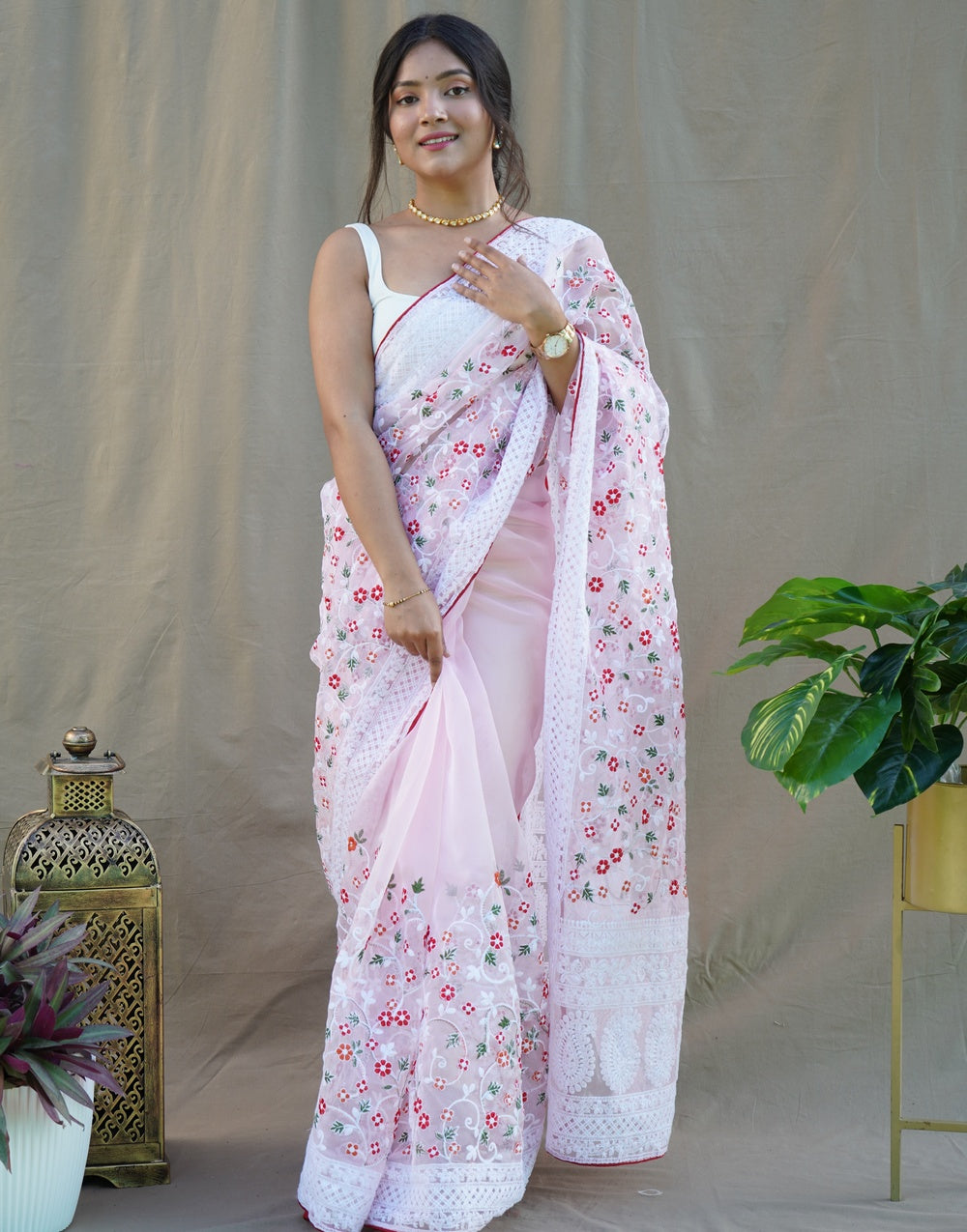 Baby Pink Organza Saree With Embroidery Handwork