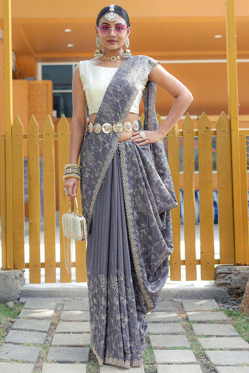 Attractive Grey Embroidery Work Soft Silk Saree With Dazzling Blouse Piece