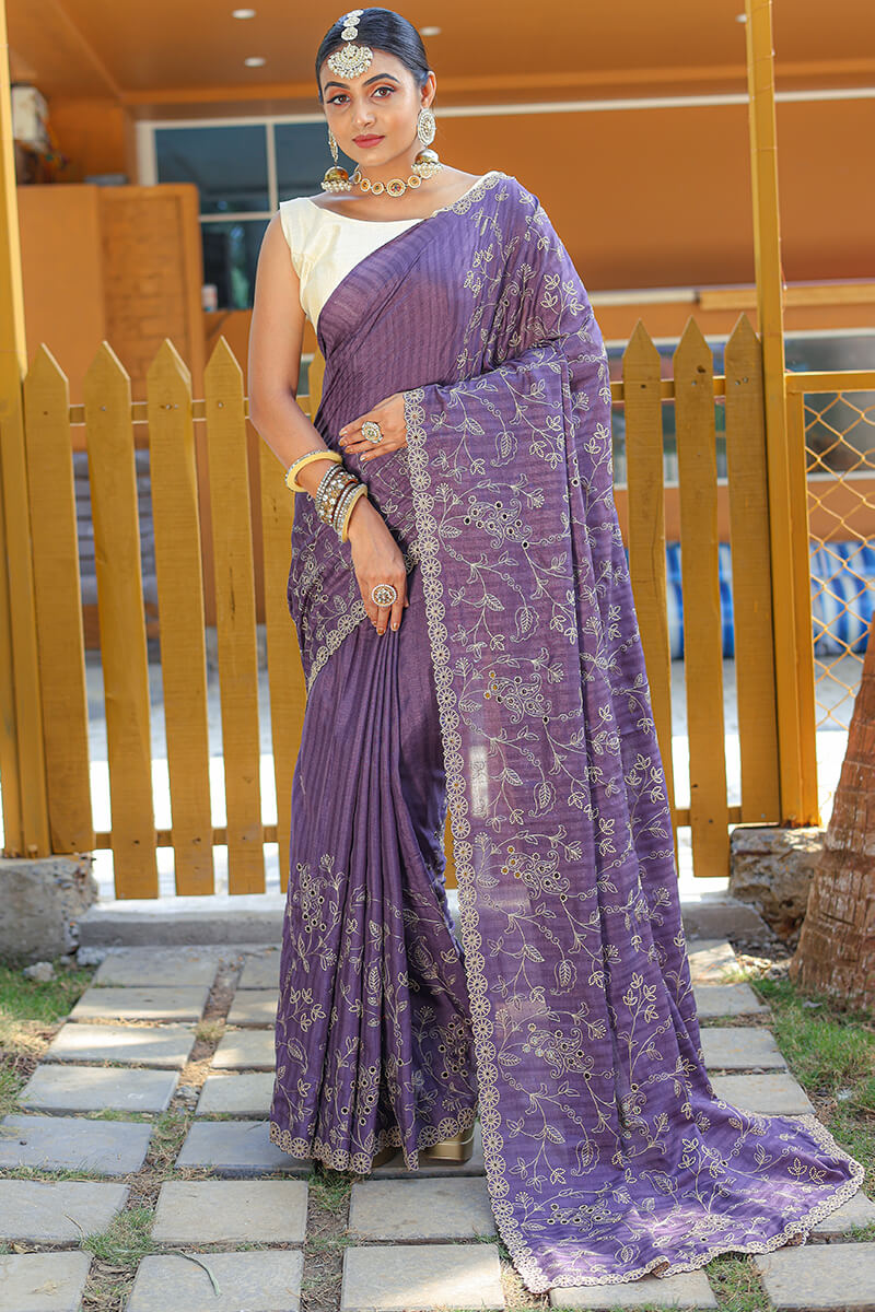 Gratifying Lavender Embroidery Work Soft Silk Saree With Impressive Blouse Piece