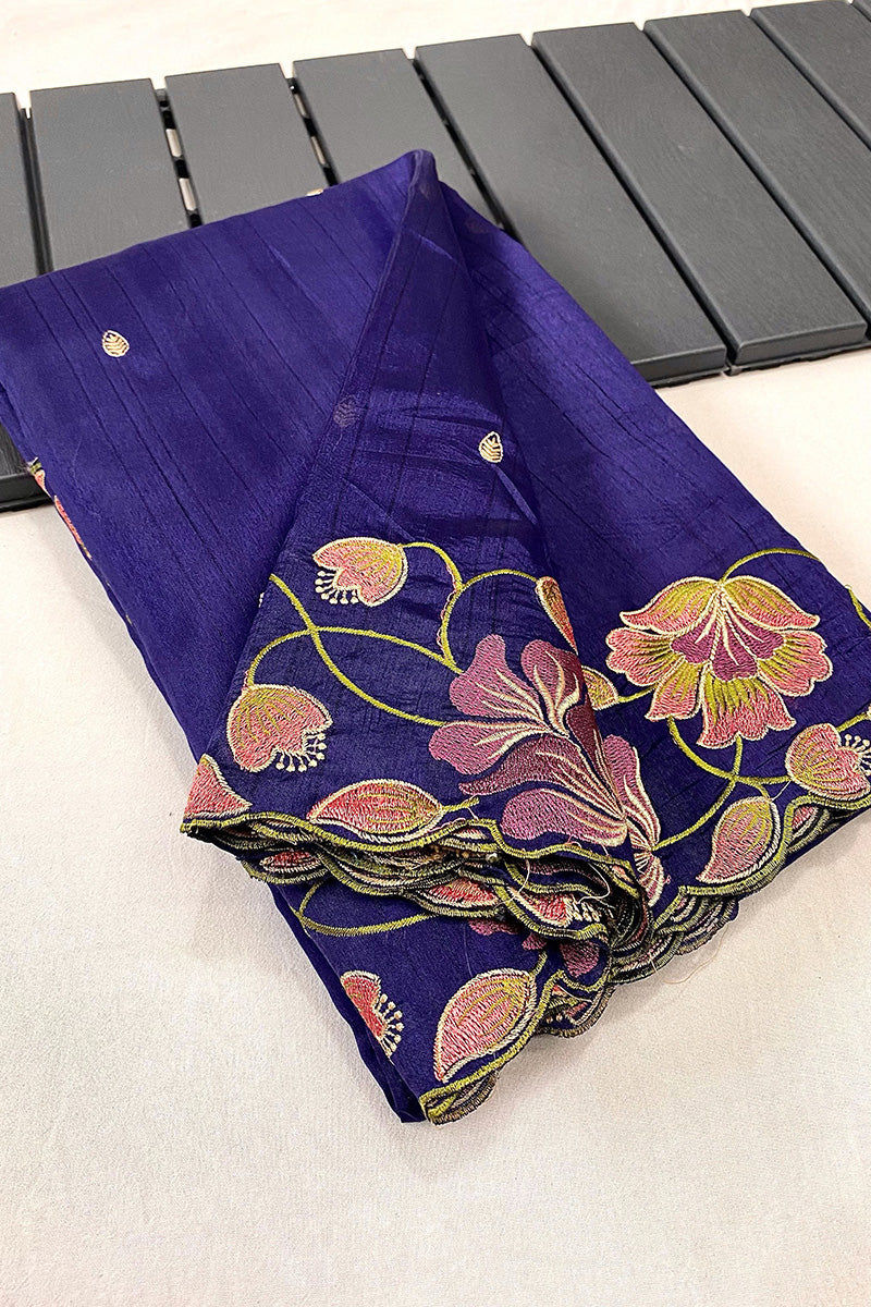 Gratifying Royal Blue Embroidery Work Tussar Silk Saree With Glowing Blouse Piece