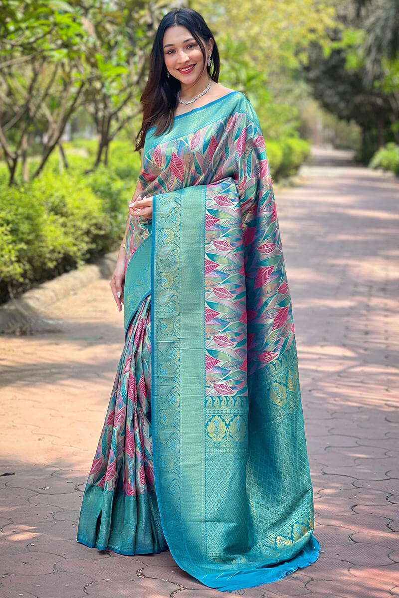 Admirable Turquoise Kanjivaram Silk Saree With Dissemble Blouse Piece