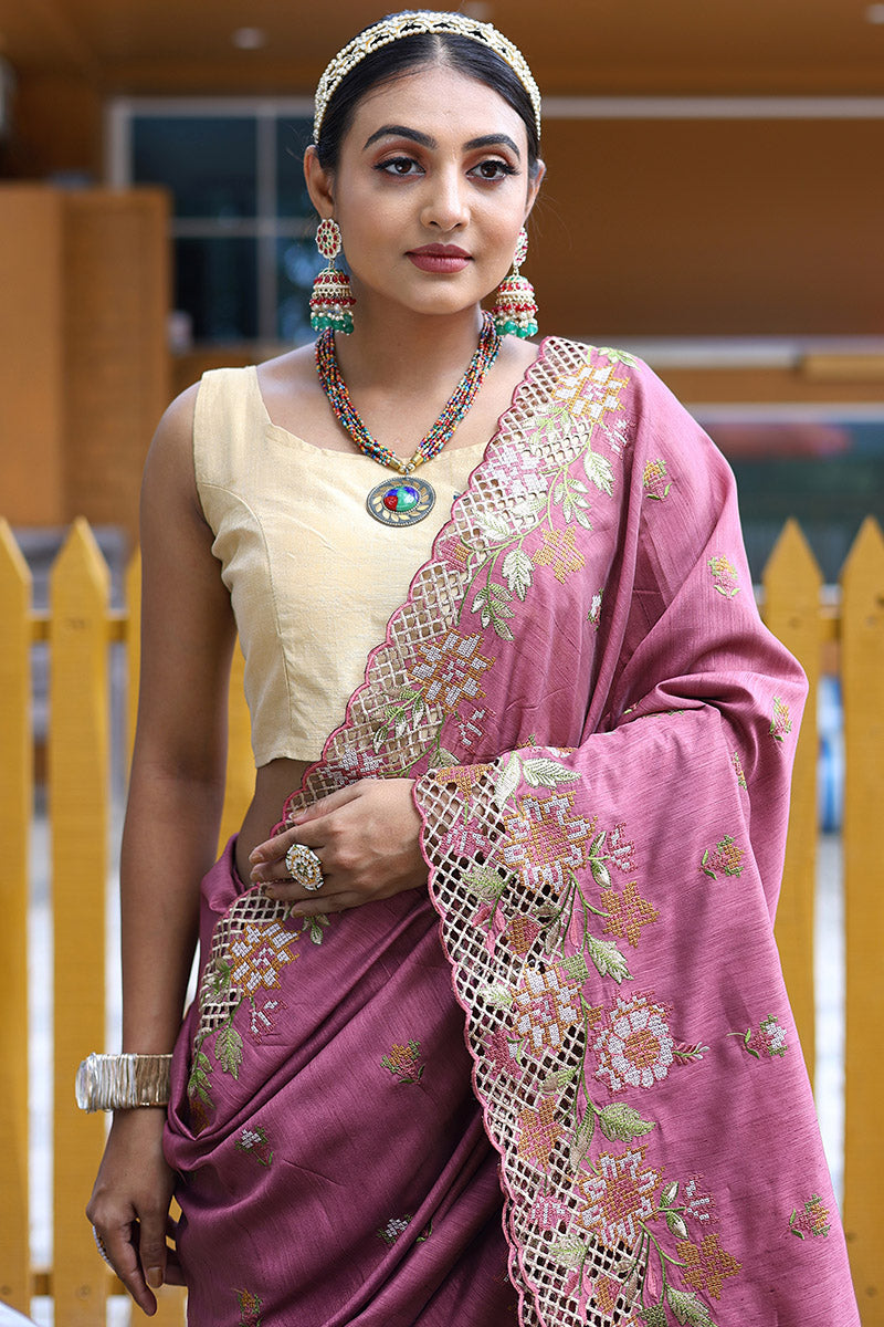 Gratifying Pink Embroidery Work Soft Silk Saree With Groovy Blouse Piece