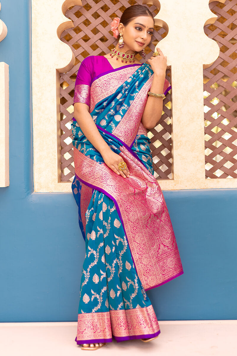 Adorable Blue Soft Banarasi Silk Saree With Girlish Blouse Piece