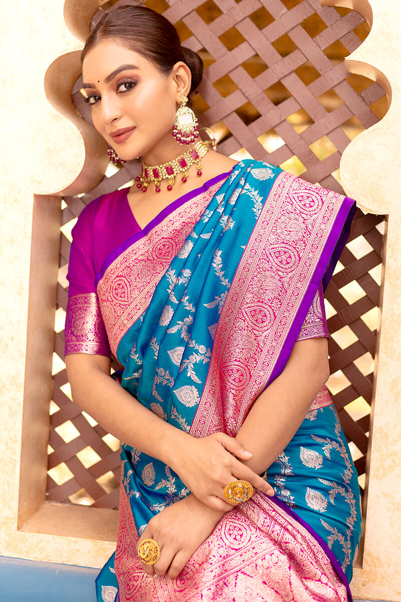 Adorable Blue Soft Banarasi Silk Saree With Girlish Blouse Piece