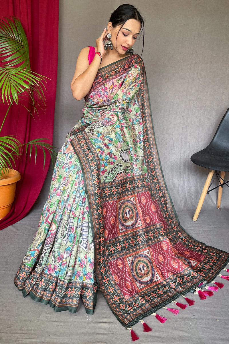 Extraordinary Pista Kalamkari Printed Saree With Flattering Blouse Piece