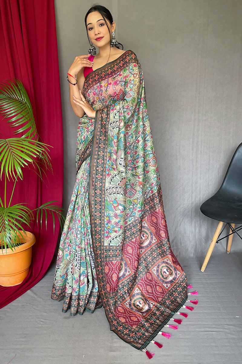 Extraordinary Pista Kalamkari Printed Saree With Flattering Blouse Piece