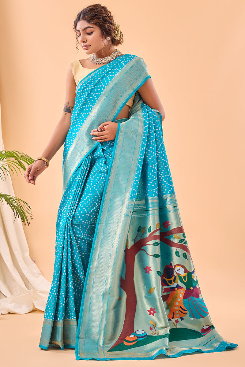 Exquisite Firozi Paithani Silk Saree With Precious Blouse Piece