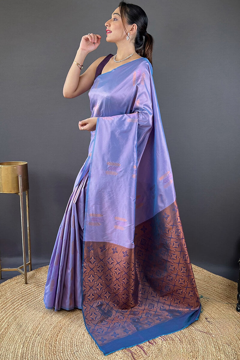 Marvellous Lavender Soft Banarasi Silk Saree With Invaluable Blouse Piece