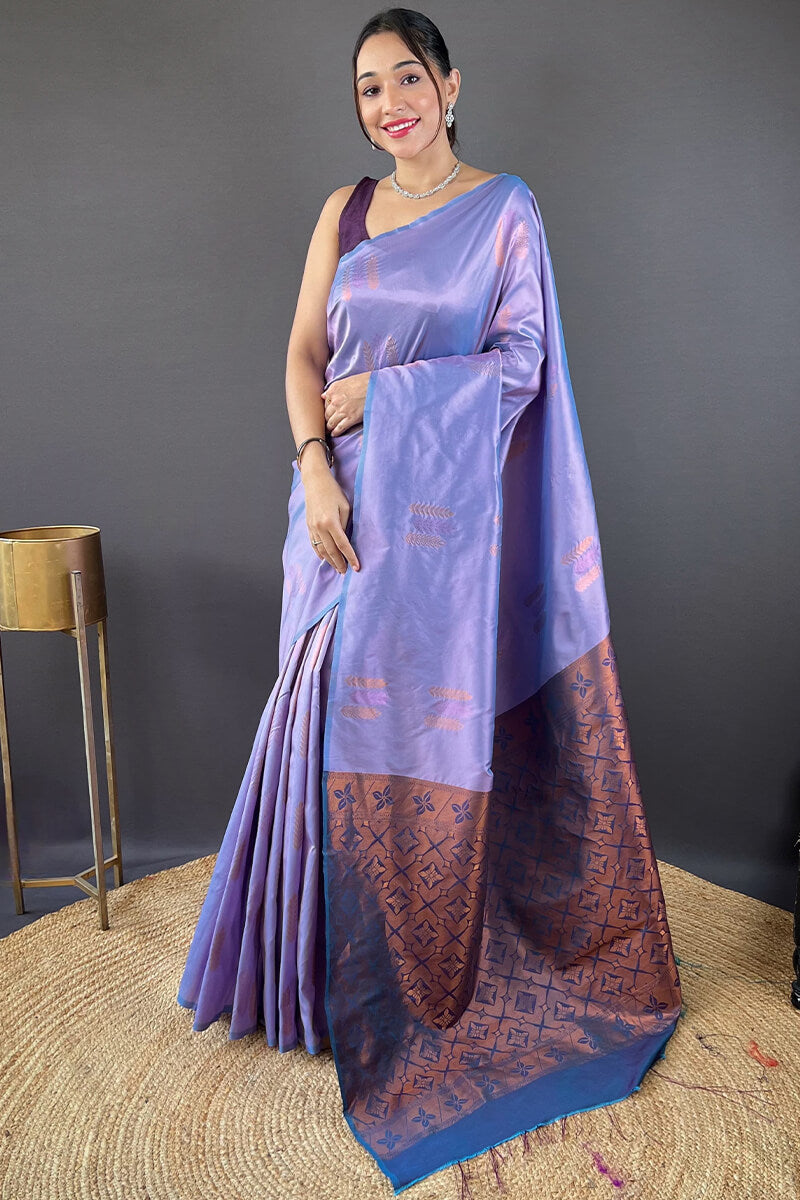 Marvellous Lavender Soft Banarasi Silk Saree With Invaluable Blouse Piece