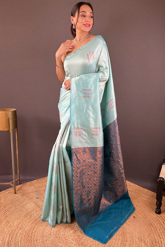 Dulcet Sky Soft Banarasi Silk Saree With Verdant Blouse Piece