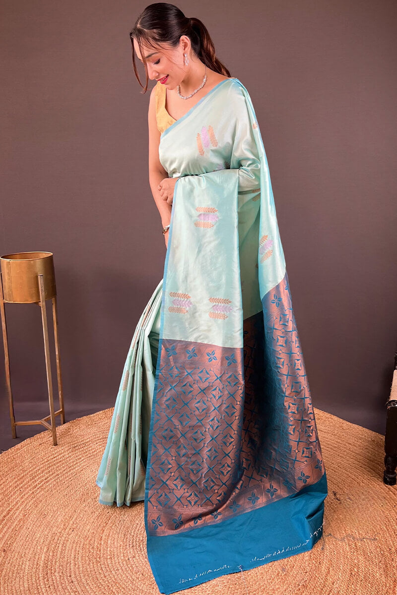 Dulcet Sky Soft Banarasi Silk Saree With Verdant Blouse Piece