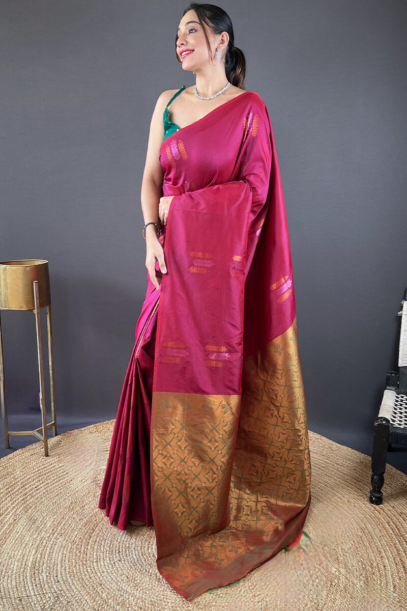 Ineffable Wine Soft Banarasi Silk Saree With Aplomb Blouse Piece