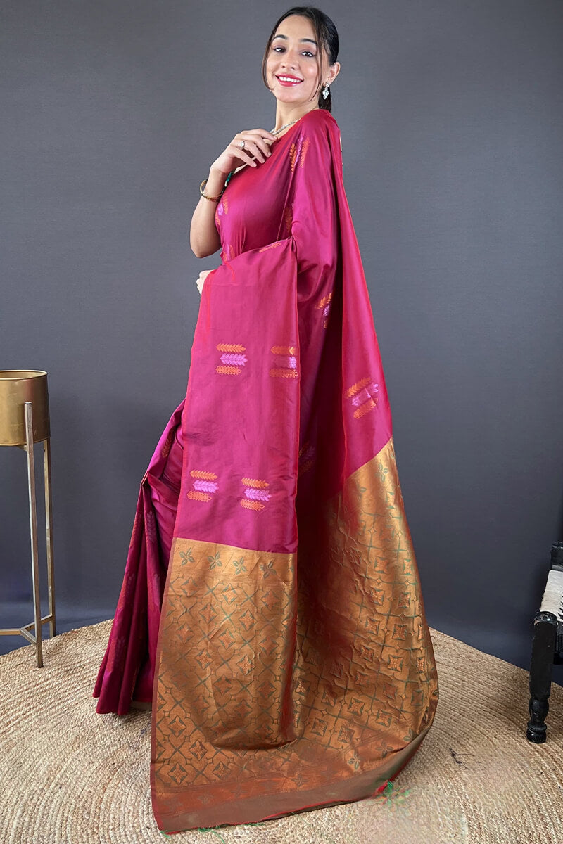 Ineffable Wine Soft Banarasi Silk Saree With Aplomb Blouse Piece