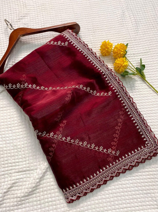 Felicitous Maroon Embroidery Work Jimmy Choo Silk Saree With Vestigial Blouse Piece