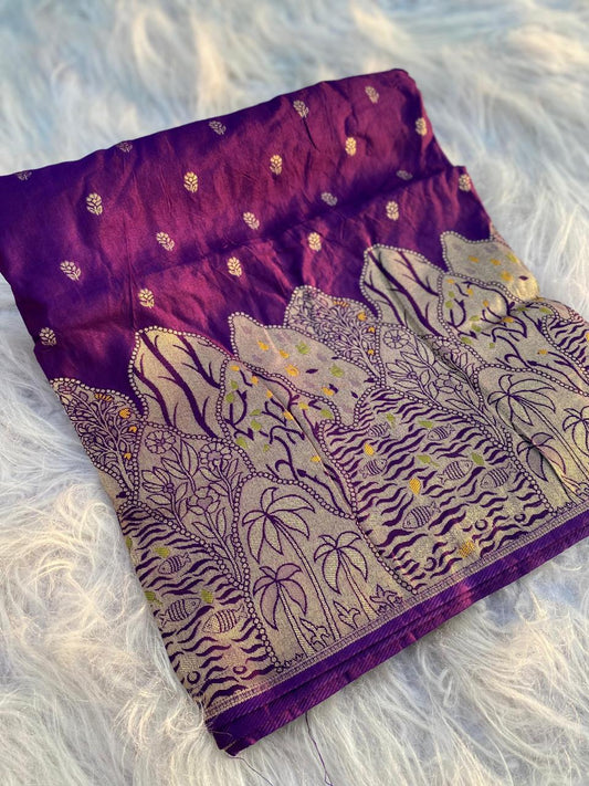 Ailurophile Purple Soft Banarasi Silk Saree With Desultory Blouse Piece